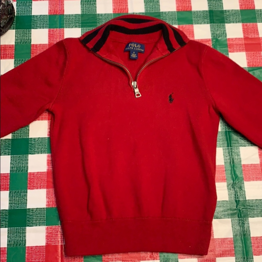Boys red Ralph Lauren half zip up sweater.